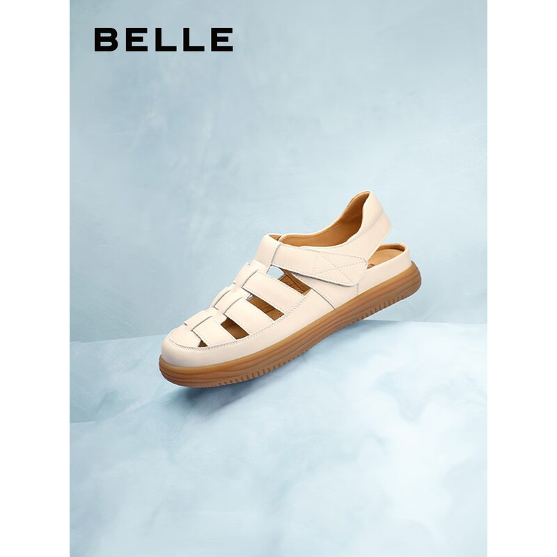 百丽编织罗马凉鞋女2023秋季新款平底镂空包头猪笼鞋B1296CL3 米白 37