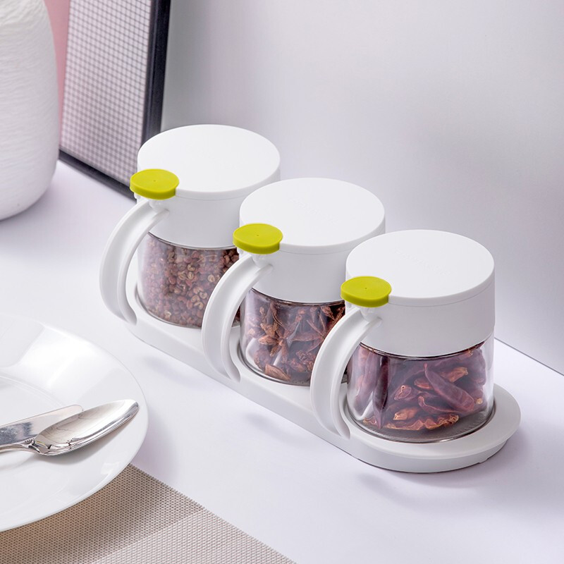 茶花圆点调味盒玻璃盐罐厨房用品厨房圆点玻璃调味架调料罐 圆点双组玻璃调味瓶 橙色