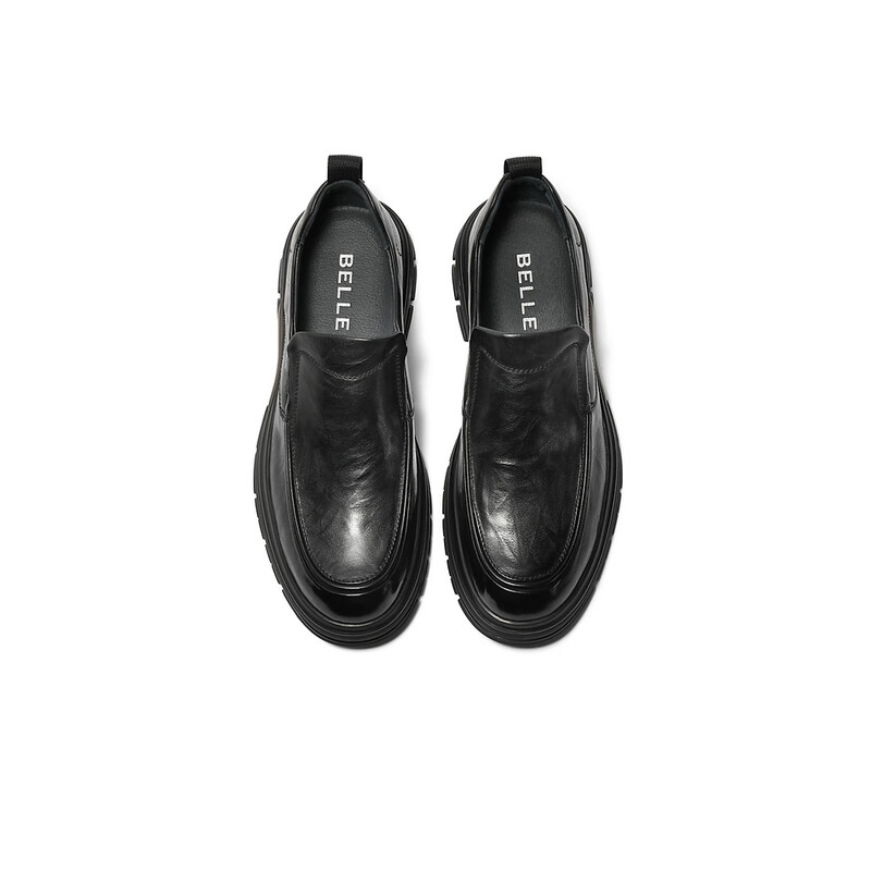 百丽时尚套脚商务鞋男2023冬季新款牛皮革抓纹舒适休闲皮鞋8CF02DM3 黑色 38