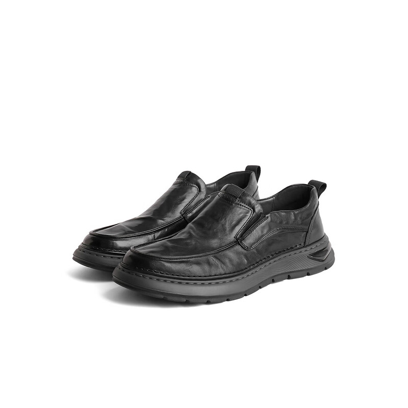 百丽套脚商务鞋男2023秋季新商场同款牛皮褶皱休闲皮鞋8CA02CM3 黑色 38