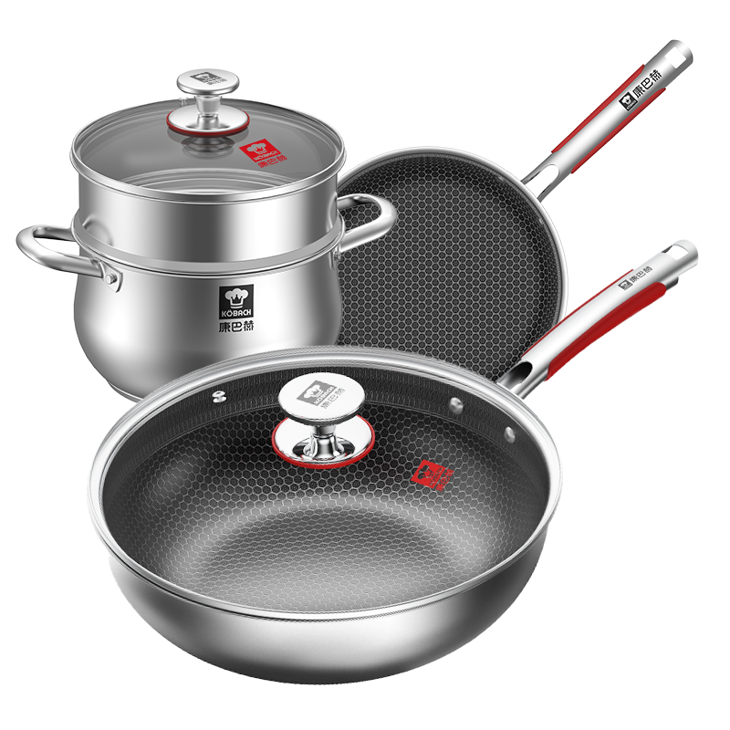 康巴赫旗舰款三件套不锈钢蜂窝锅组合厨具锅具套装【炒锅+煎锅+汤蒸锅】 煎锅+炒锅+汤锅套装