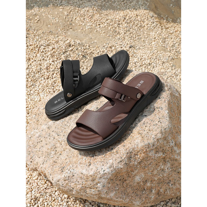 百丽日常皮凉鞋男2023夏季新款商场同款牛皮真皮沙滩凉鞋7YG01BL3 黑色 43