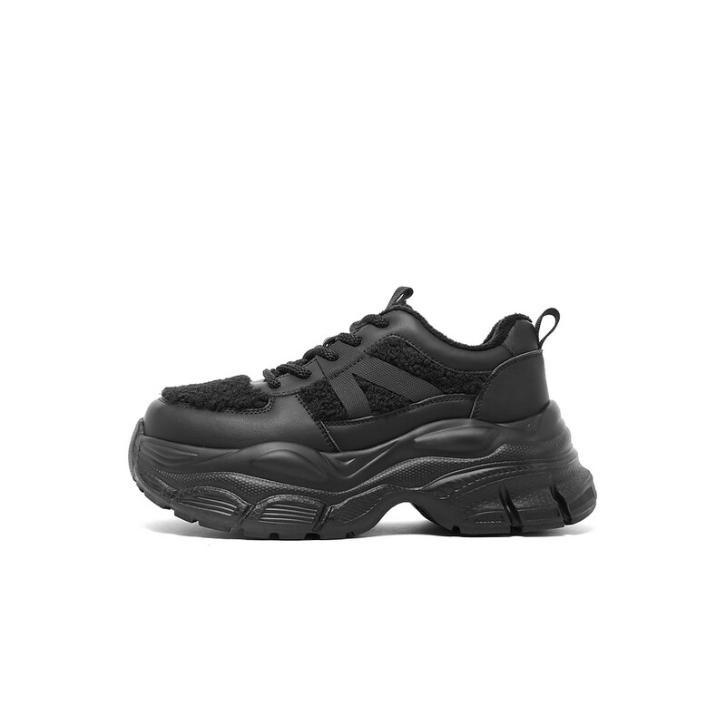 百丽厚底增高老爹鞋女2023冬季新款毛毛印花休闲运动鞋B1508DM3 黑色 34