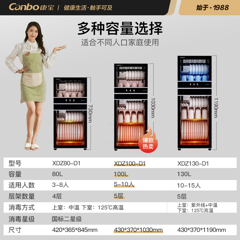 康宝（Canbo）消毒柜家用立式 大容量高温碗筷餐具茶杯小型母婴儿奶瓶消毒碗柜 双门厨房碗碟柜 XDZ100-D1