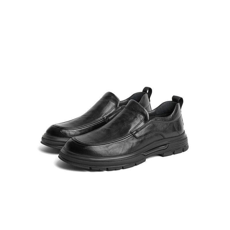 百丽时尚套脚商务鞋男2023冬季新款牛皮革抓纹舒适休闲皮鞋8CF02DM3 黑色 38