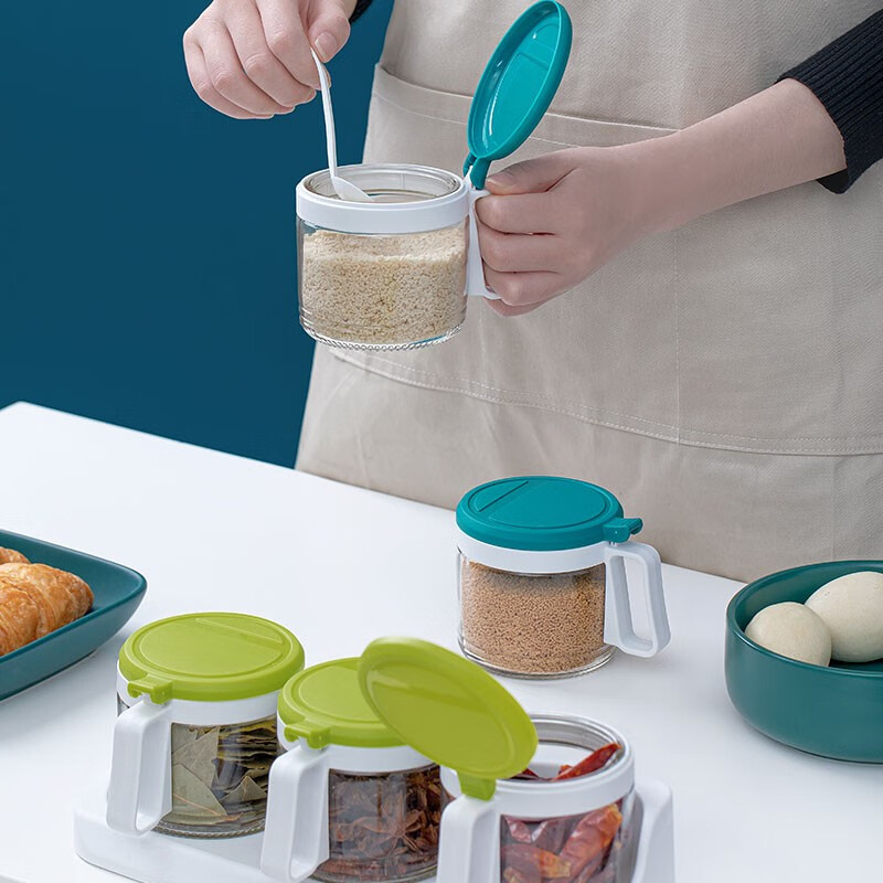 茶花（CHAHUA） 盐罐3组装圆形调味罐300ml佐料盒套装调料罐油壶 绿色【3个1组装】