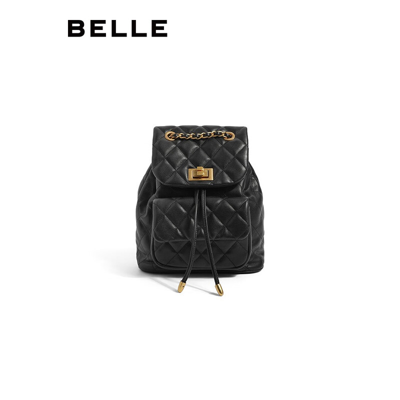 百丽时尚百搭小香风菱格绗缝链条包气质休闲双肩包X6289CX2 典雅黑 F