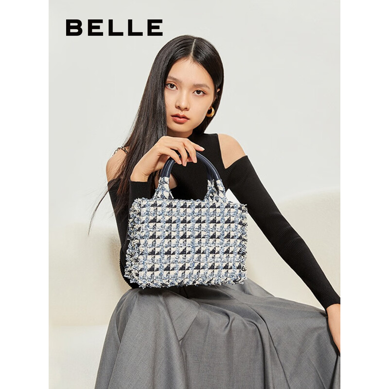 百丽复古优雅粗花呢托特包单肩斜挎手提包X6388DX2 蓝色 F