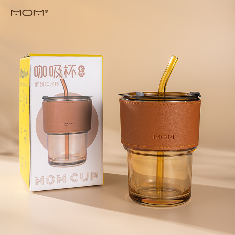 MOM 吸管杯玻璃水杯咖啡杯商务礼品批发活动礼采购送客户6127/6128 带盖吸管玻璃杯400ml