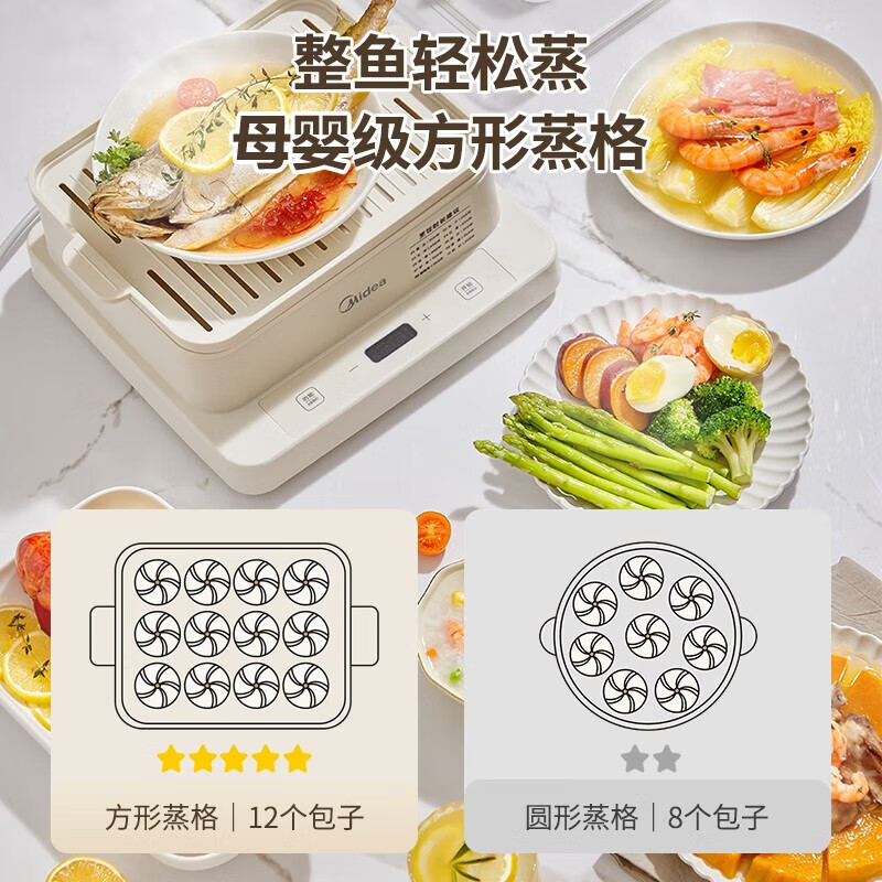 美的（Midea） 电蒸锅多用途锅多功能家用蒸包子锅电煮锅三层大容量全透明视窗 PP蒸架 MZ-ZGE272201 14.6L