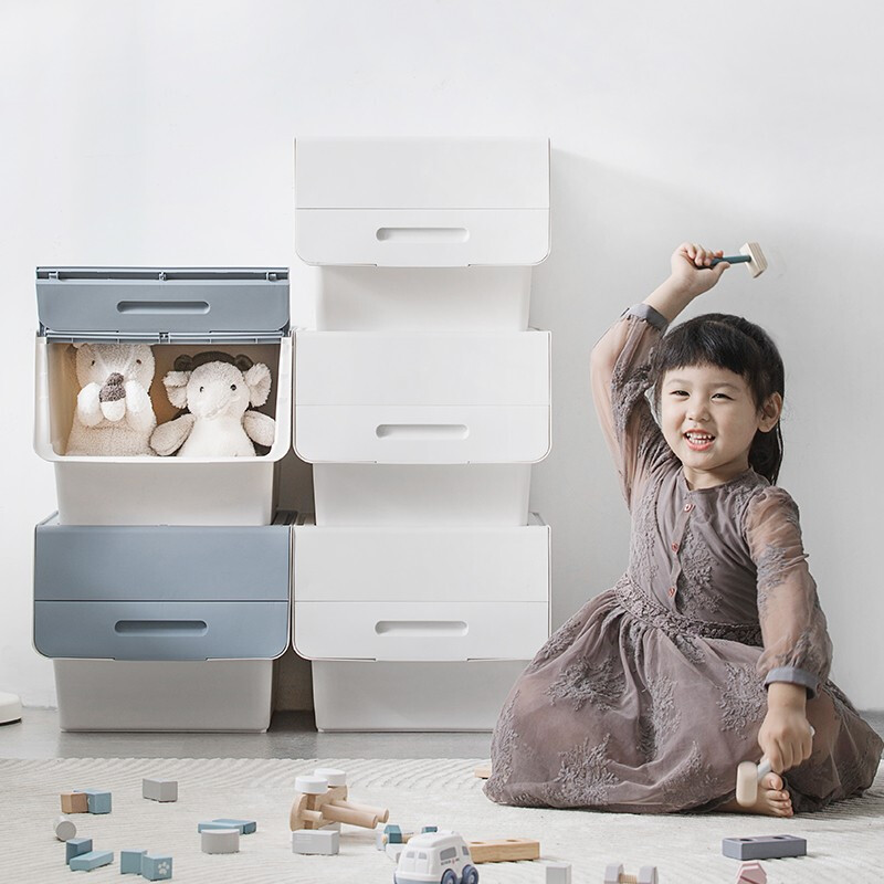 茶花（CHAHUA）茶花34L收纳箱塑料化妆品收纳盒儿童玩具零食整理箱储物箱斜口前开个性叠加收纳柜 莫兰迪色-浅蓝灰大号 34L*2个装（实测45.5*38*31）