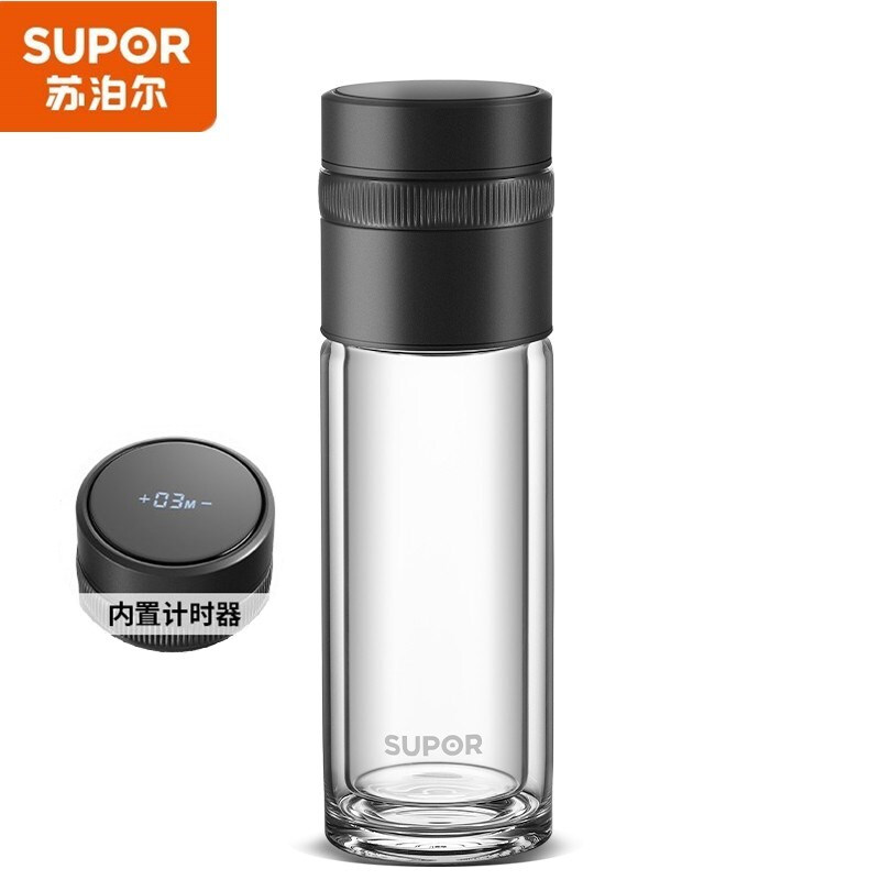 苏泊尔（SUPOR）玻璃杯茶水分离水杯双层玻璃便携男女商务办公泡茶过滤杯子 品系列 乌木黑 280mL (杯盖触摸显温)