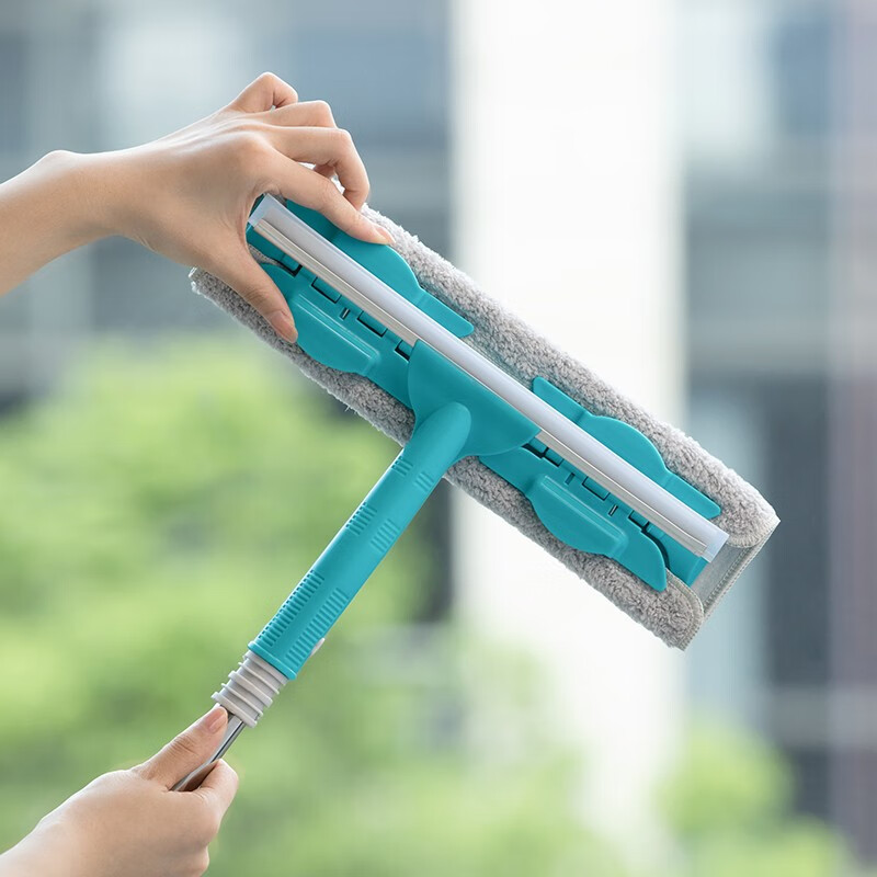 茶花擦玻璃神器双面清洗擦窗器家用伸缩杆窗户刮洗清洁工具 玻璃刮水 升级款【蓝色杆1.45米】