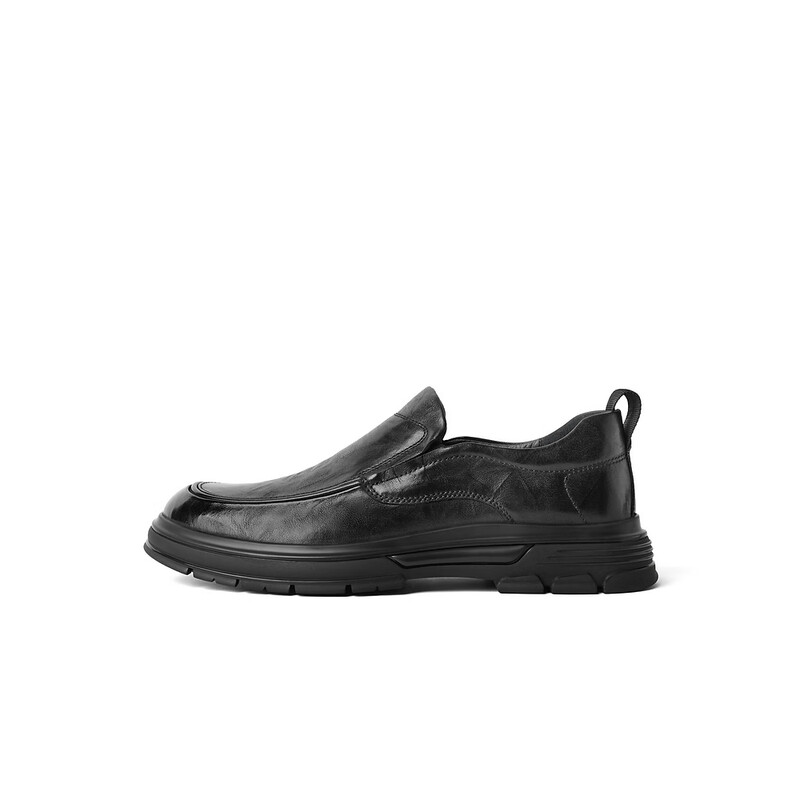 百丽时尚套脚商务鞋男2023冬季新款牛皮革抓纹舒适休闲皮鞋8CF02DM3 黑色 38