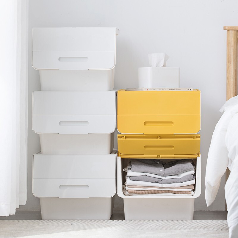 茶花（CHAHUA）茶花34L收纳箱塑料化妆品收纳盒儿童玩具零食整理箱储物箱斜口前开个性叠加收纳柜 莫兰迪色-浅蓝灰大号 34L*2个装（实测45.5*38*31）