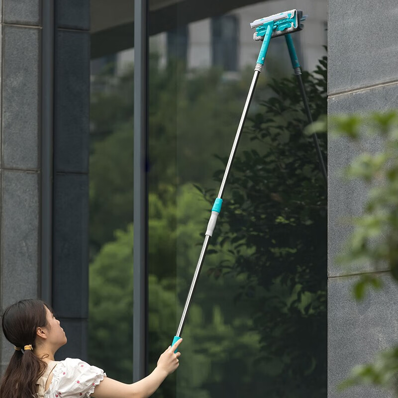 茶花擦玻璃神器双面清洗擦窗器家用伸缩杆窗户刮洗清洁工具 玻璃刮水 升级款【蓝色杆1.45米】