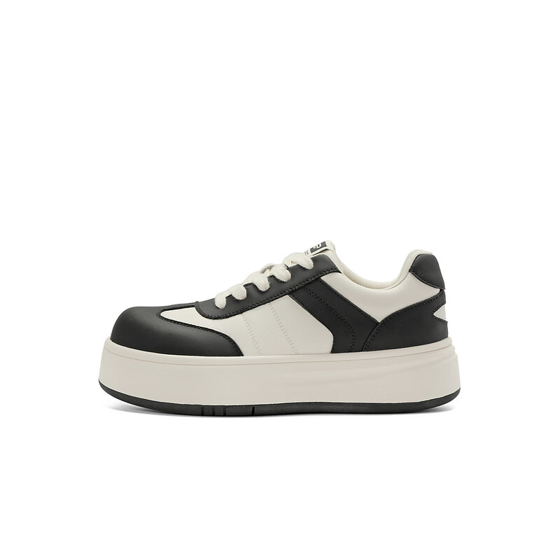 百丽撞色百搭板鞋女2023秋季新款丑萌圆头休闲面包鞋B1567CM3预售 黑色 35