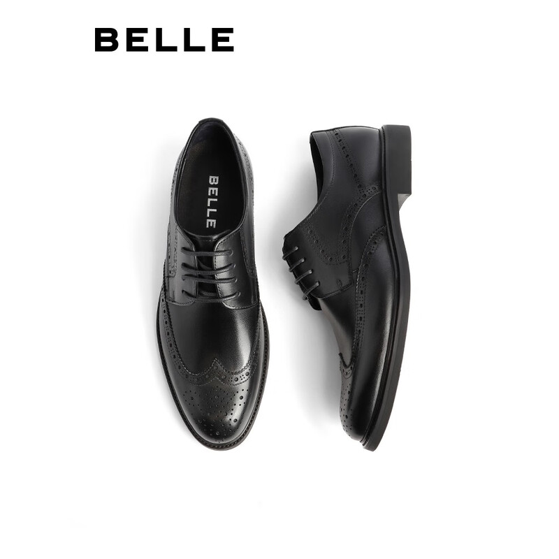 百丽正装皮鞋男2023新款内增高婚鞋牛皮商务德比A1095AM3预售 黑色89183 40