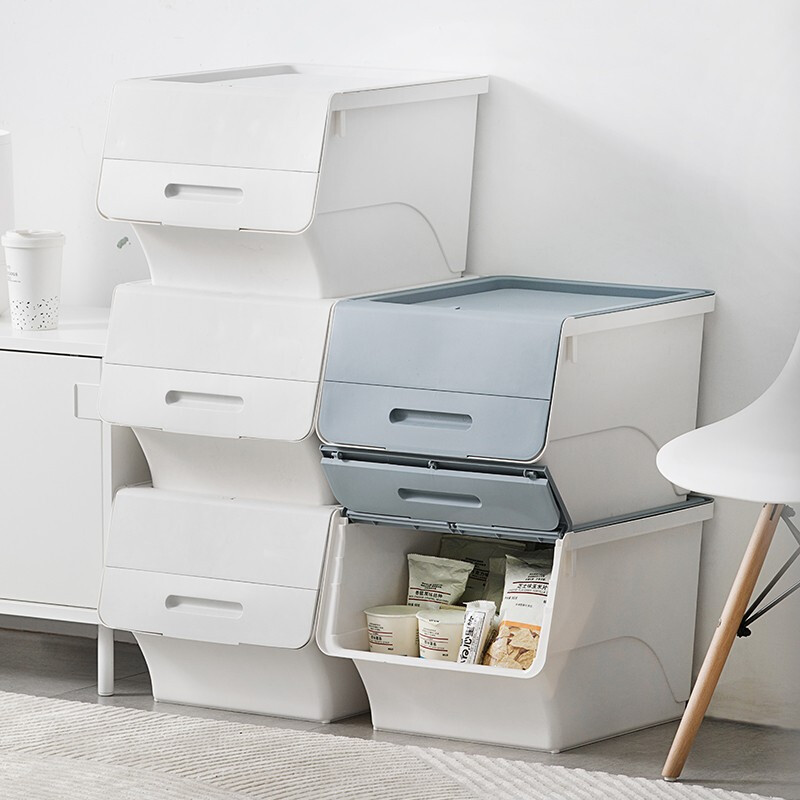 茶花（CHAHUA）茶花34L收纳箱塑料化妆品收纳盒儿童玩具零食整理箱储物箱斜口前开个性叠加收纳柜 莫兰迪色-浅蓝灰大号 34L*2个装（实测45.5*38*31）