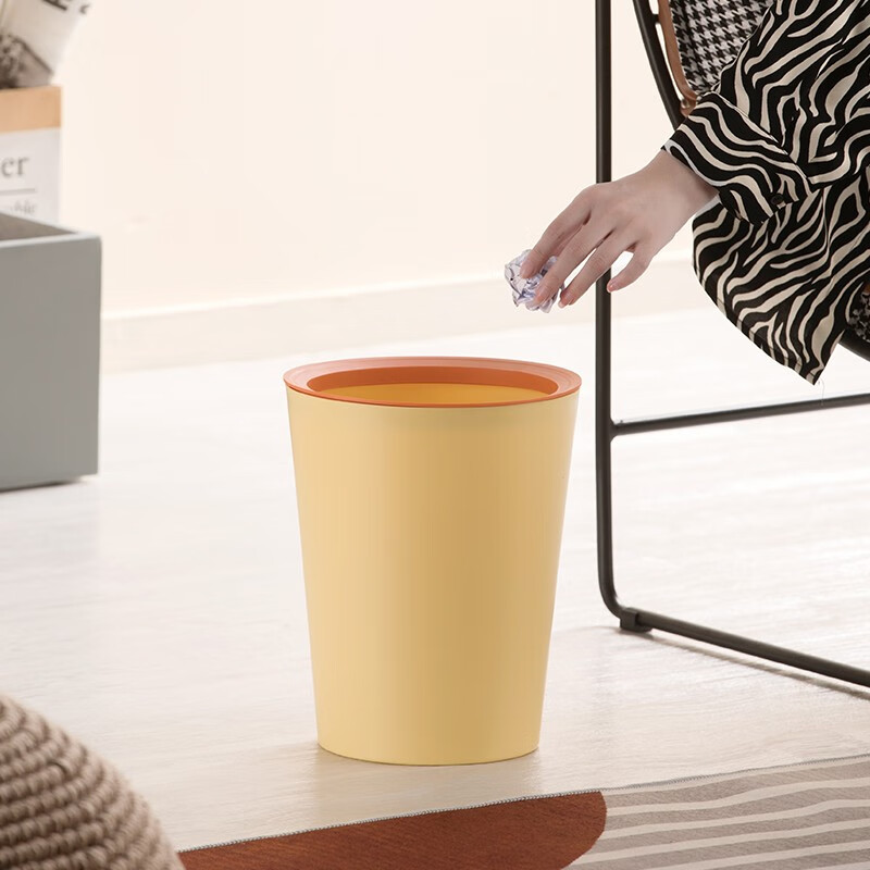 茶花垃圾桶家用客厅轻奢大容量2023新款厨房卧室卫生间高颜值无盖 【淡黄色-8.5L】压圈2只装
