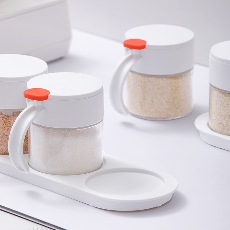 茶花圆点调味盒玻璃盐罐厨房用品厨房圆点玻璃调味架调料罐 圆点双组玻璃调味瓶 橙色