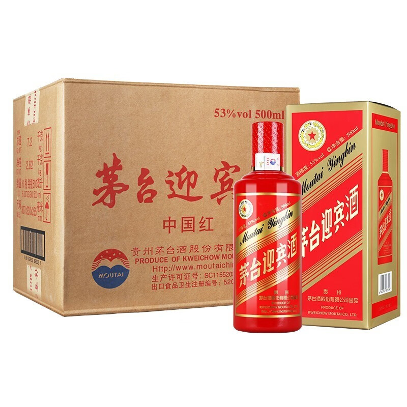 Plus会员：MOUTAI 茅台 迎宾 53度酱香型白酒 2019年份 中国红 500ml*6瓶