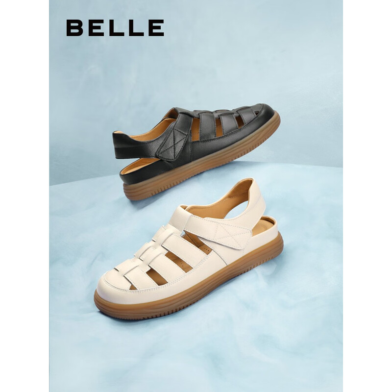 百丽编织罗马凉鞋女2023秋季新款平底镂空包头猪笼鞋B1296CL3 米白 37