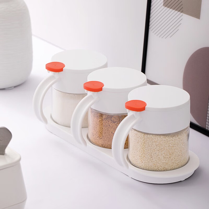 茶花圆点调味盒玻璃盐罐厨房用品厨房圆点玻璃调味架调料罐 圆点双组玻璃调味瓶 橙色