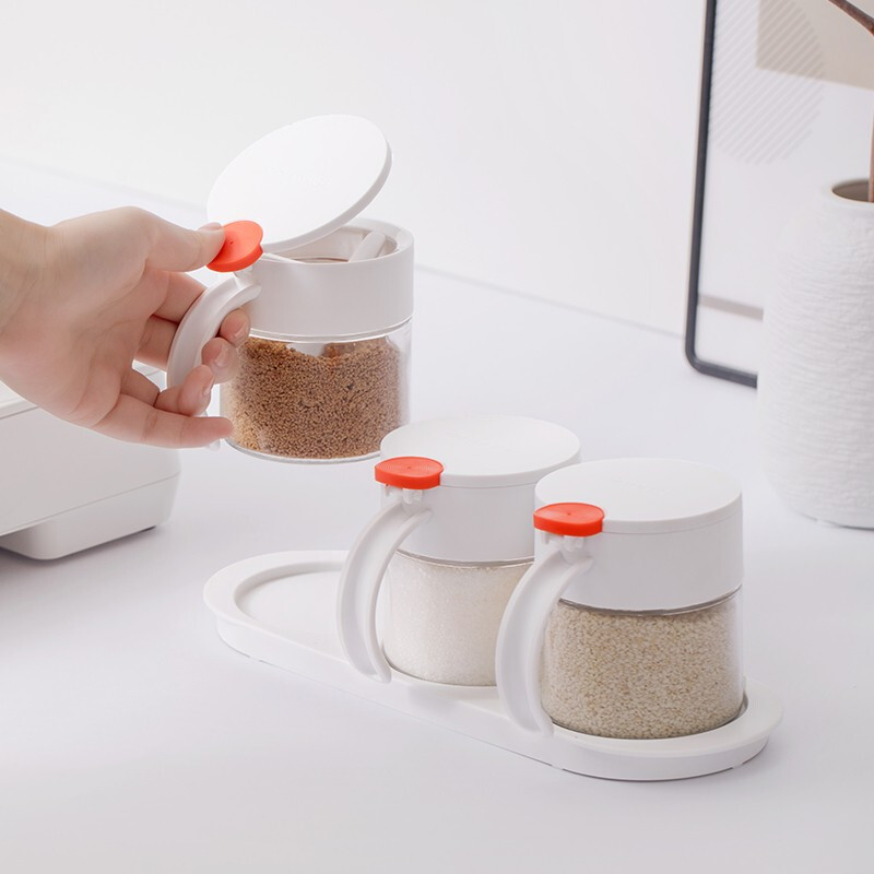 茶花圆点调味盒玻璃盐罐厨房用品厨房圆点玻璃调味架调料罐 圆点双组玻璃调味瓶 橙色