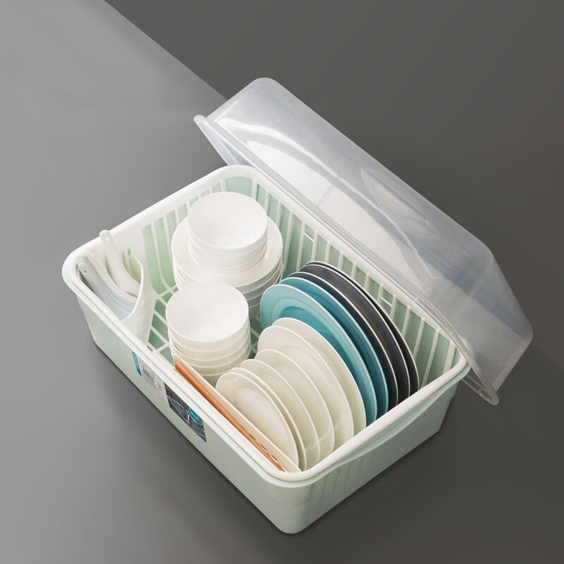 茶花（CHAHUA） 茶花欧式带盖碗碟架放碗架收纳盒沥水架装碗筷收纳箱碗柜置物 绿色 【大号】【1817可立碟/带筷筒/分体式盖】