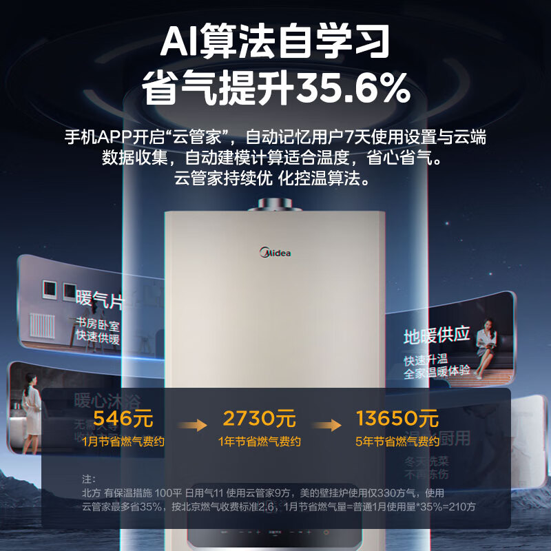 美的（Midea）双变频省气 一级低噪 舒适恒温燃气壁挂炉 天然气供暖 采暖地暖 家用锅炉省气 下置风机L1GB24-R05