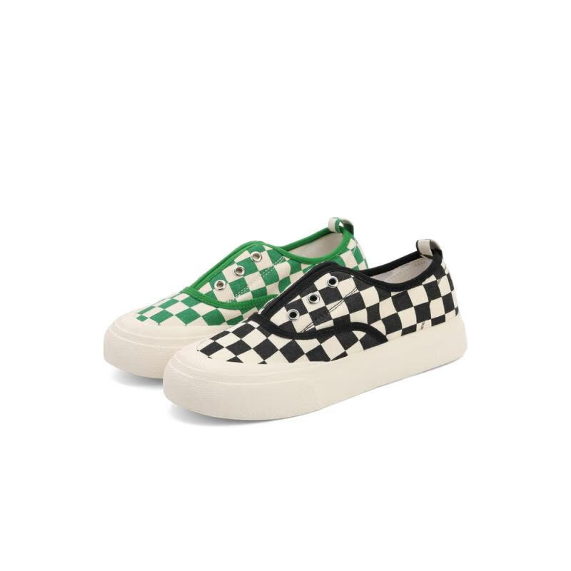 百丽棋盘格童鞋女商场同款丑萌撞色帆布鞋休闲鞋D6222A82 黑色 32