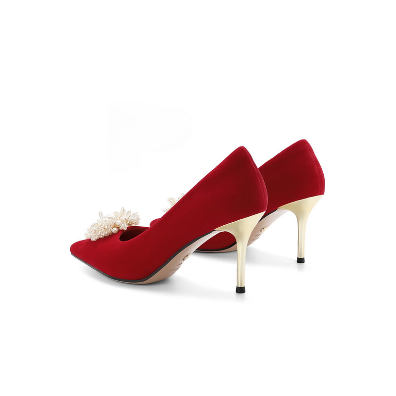 百丽精致高跟鞋女2023秋季新款气质优雅细跟婚鞋B1561CQ3预售 红色 34