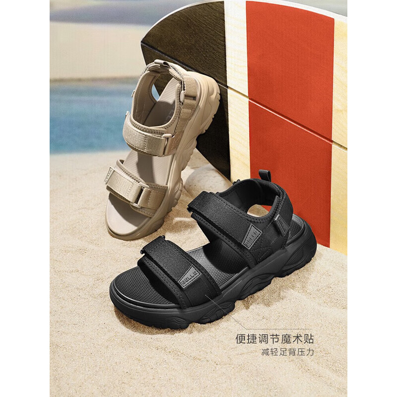 百丽厚底沙滩凉鞋男2023夏季新款魔术贴户外休闲运动凉鞋A1147BL3 黑色(双杠) 41