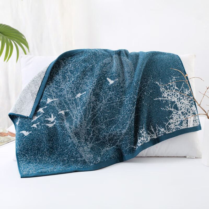 金号 A类纯棉枕巾加大加厚枕巾单条装优雅水墨画蓝色186g52cm*80cm