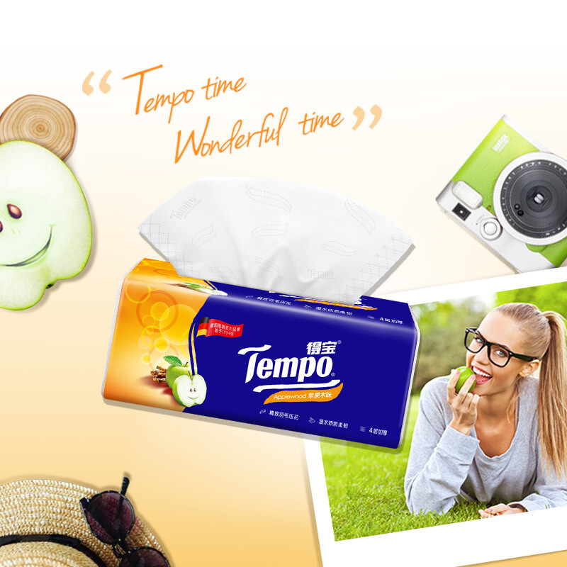 得宝（TEMPO）抽纸苹果木味层加厚抽包湿水柔韧 纸巾 餐巾纸 卫生纸整箱 苹果木味 90抽*4包