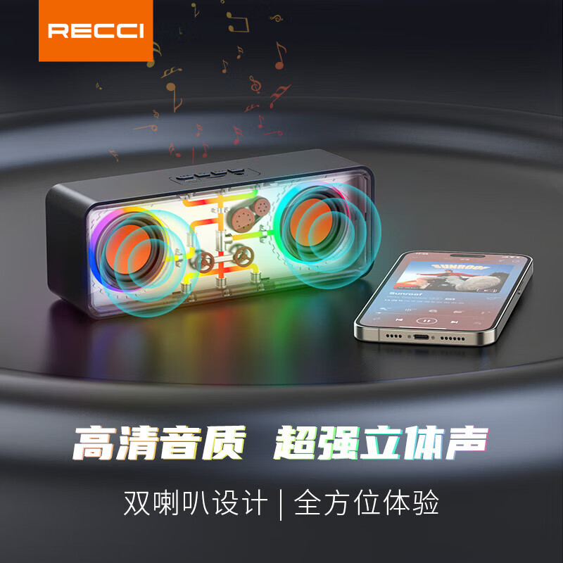 RECCI锐思RSK-W38 HIFi音质炫彩RGB七彩灯效随音乐舞动双喇叭设计超强立体声蓝牙音箱 黑色