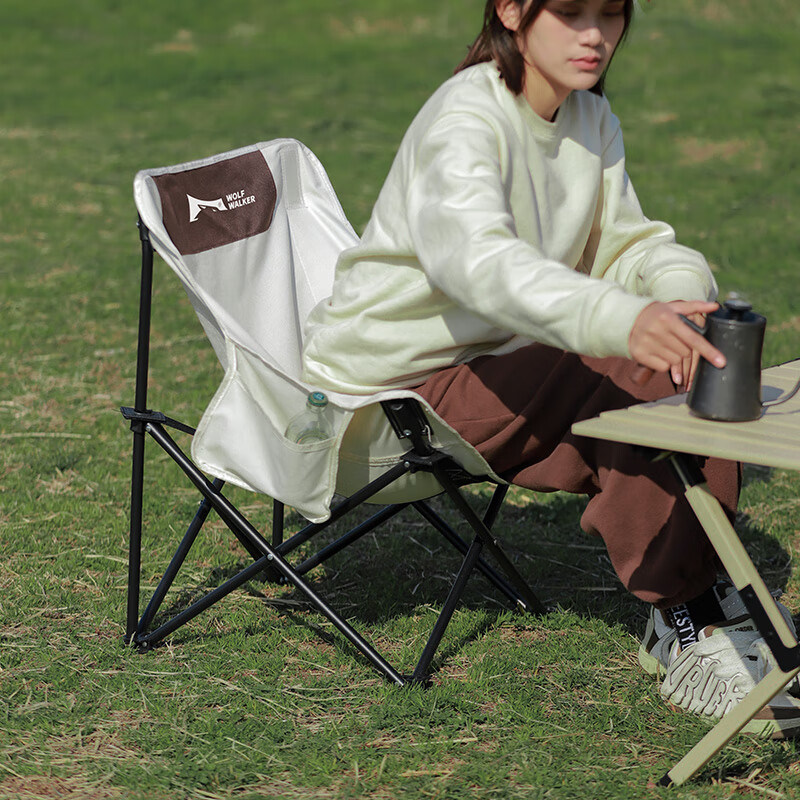 狼行者户外折叠椅露营板凳靠背椅子便携野营月亮椅坐躺椅凳子钓鱼凳马扎 白色