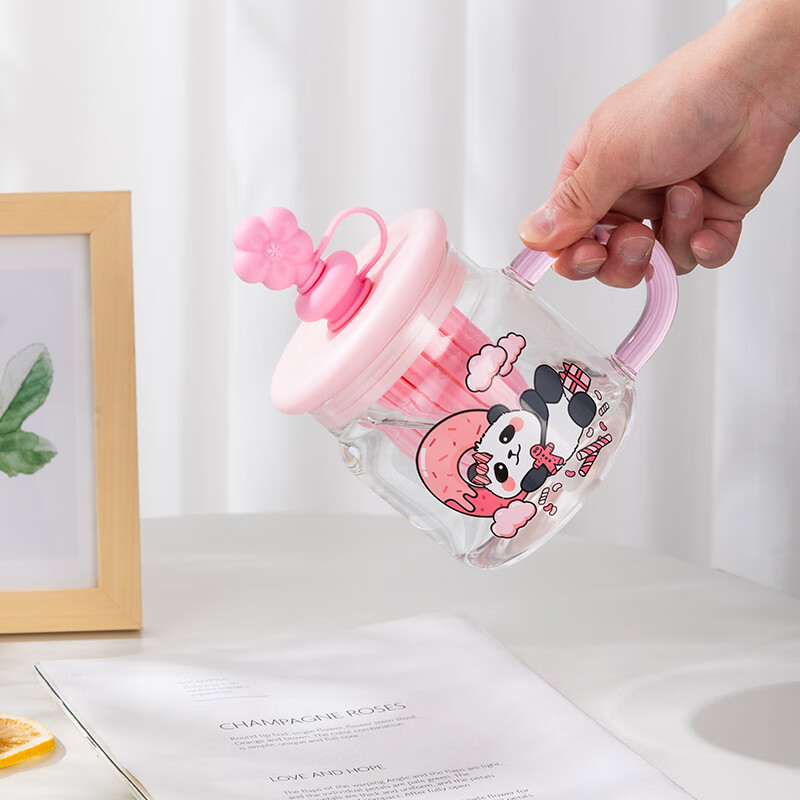 山重山玻璃杯女生高颜值水杯泡茶杯原创大容量吸管杯夏季新款大肚杯3001 【熊猫】有钱花杯860ml