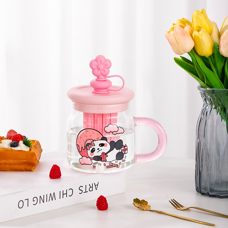 山重山玻璃杯女生高颜值水杯泡茶杯原创大容量吸管杯夏季新款大肚杯3001 【熊猫】有钱花杯860ml