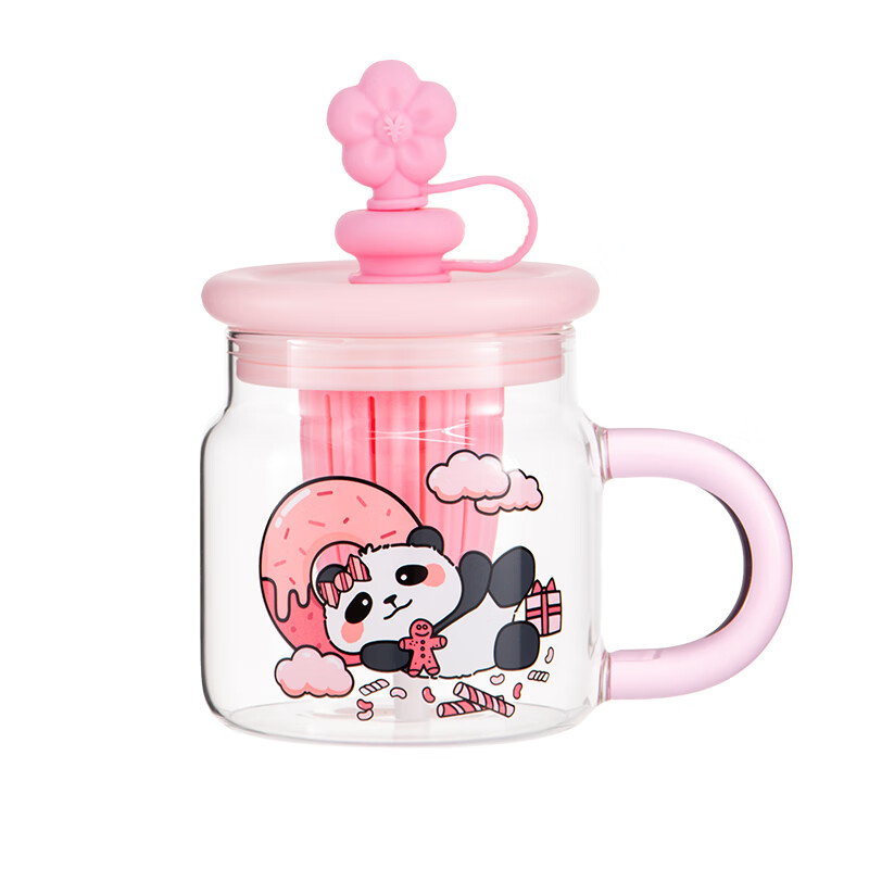 山重山玻璃杯女生高颜值水杯泡茶杯原创大容量吸管杯夏季新款大肚杯3001 【熊猫】有钱花杯860ml
