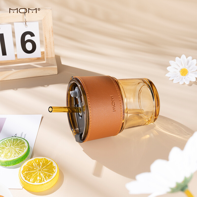 MOM 吸管杯玻璃水杯咖啡杯商务礼品批发活动礼采购送客户6127/6128 带盖吸管玻璃杯400ml