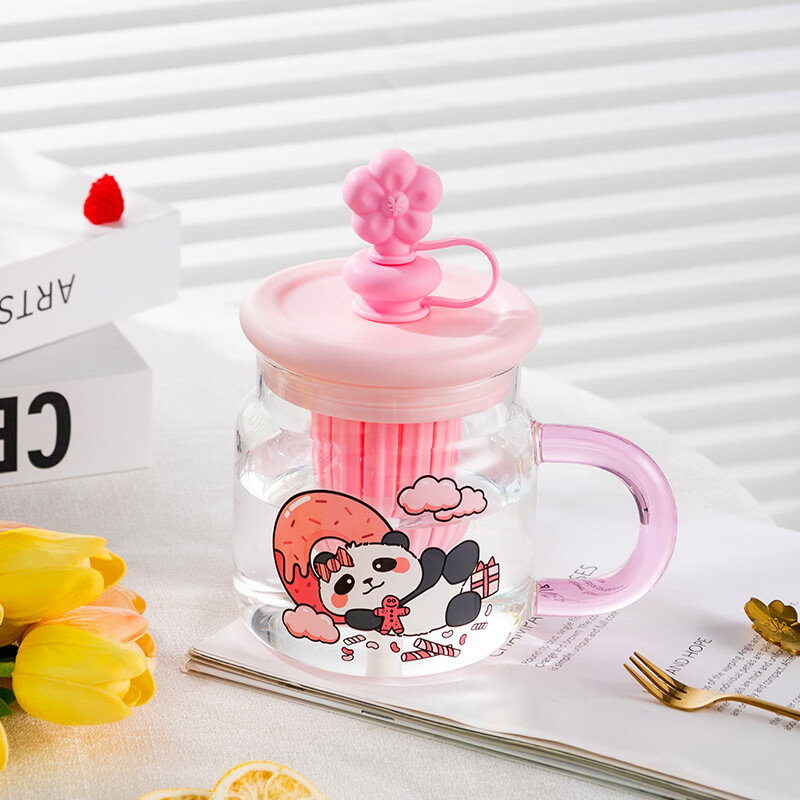 山重山玻璃杯女生高颜值水杯泡茶杯原创大容量吸管杯夏季新款大肚杯3001 【熊猫】有钱花杯860ml