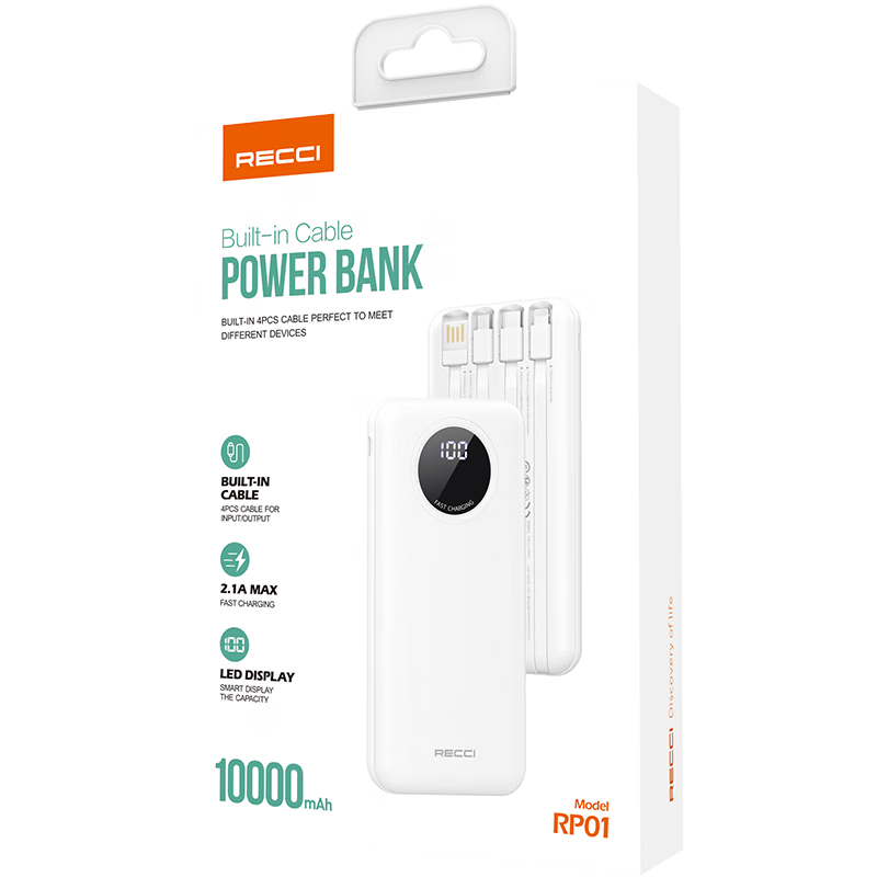 RECCI锐思 RP01移动电源自带线Lightning+Type- USB口充电宝 白色 10000毫安