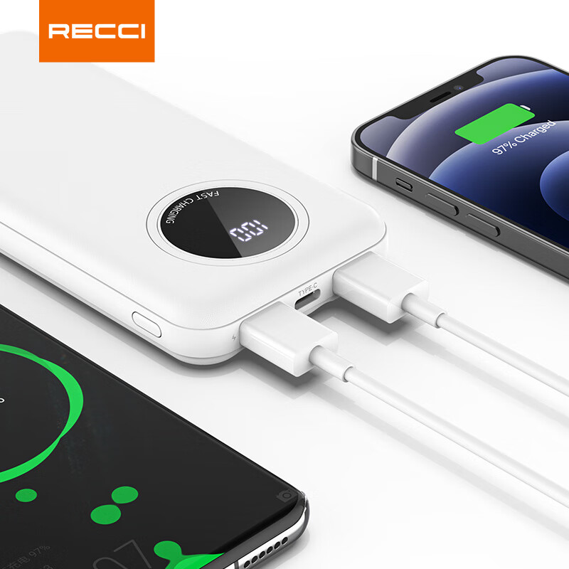 RECCI锐思 RP01移动电源自带线Lightning+Type- USB口充电宝 白色 10000毫安
