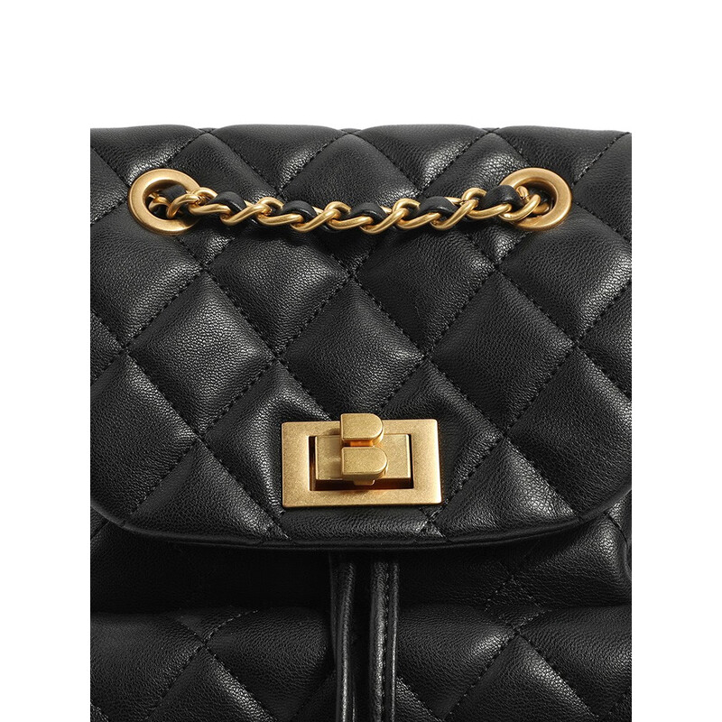 百丽时尚百搭小香风菱格绗缝链条包气质休闲双肩包X6289CX2 典雅黑 F