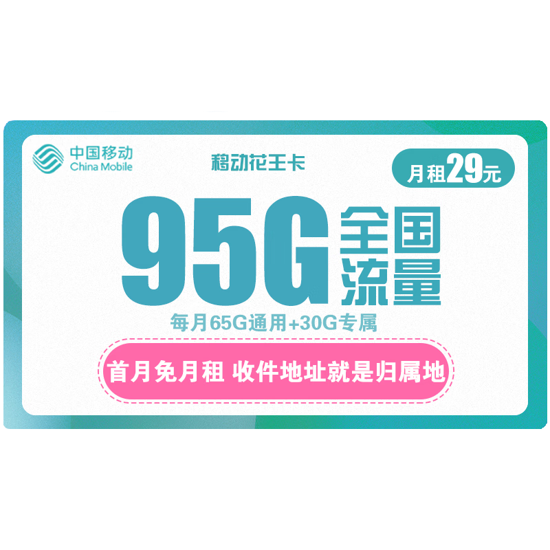 中国移动 花王卡 29元月租 95G全国流量 可选归属地