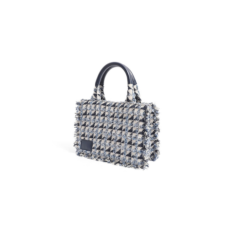 百丽复古优雅粗花呢托特包单肩斜挎手提包X6388DX2 蓝色 F