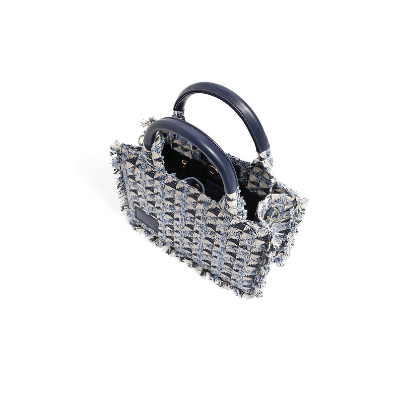 百丽复古优雅粗花呢托特包单肩斜挎手提包X6388DX2 蓝色 F