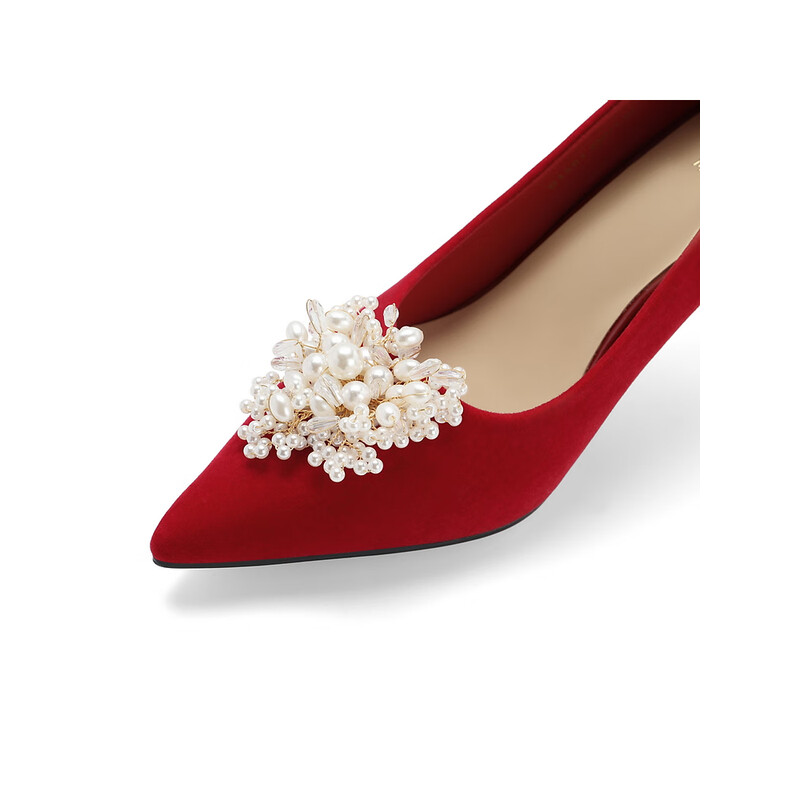 百丽精致高跟鞋女2023秋季新款气质优雅细跟婚鞋B1561CQ3预售 红色 34